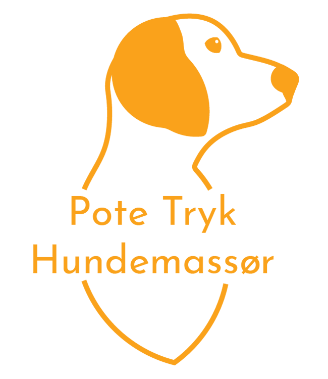 Logo med en hund og teksten 'Pote Tryk Hundemassør' i en lys orange