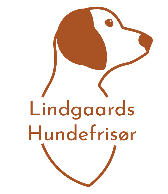 logo af hund med teksten 'Lindgaards Hundefrisør' i en mørk orange