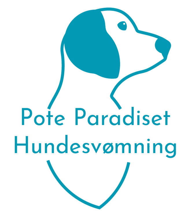 Logo med en hund og teksten 'Pote Paradiset Hundesvømning' i blå